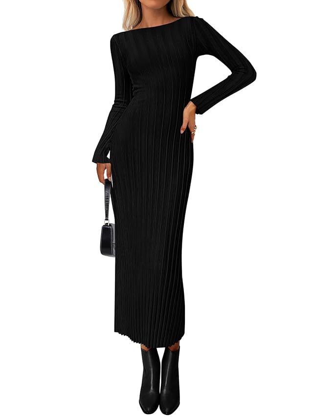 PRETTYGARDEN Womens Sweater Dress Fall 2025 Casual Boat Neck Long Sleeve Pullover Ribbed Knit Bodycon Maxi Sweater Dresses