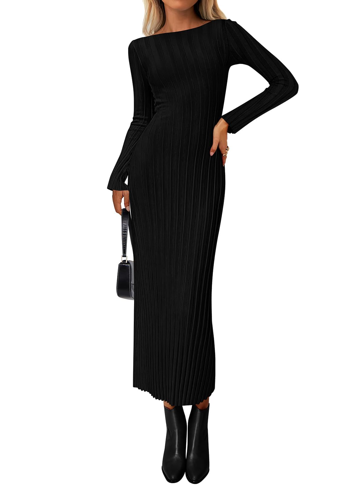 PRETTYGARDEN Womens Sweater Dress Fall 2025 Casual Boat Neck Long Sleeve Pullover Ribbed Knit Bodycon Maxi Sweater Dresses