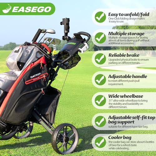 image for EASEGO Golf Push Cart 3 Wheel : Golf Bag Cart Foldable with Phone/Cup/