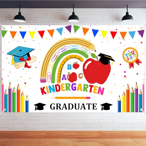 Kindergarten Graduation Backdrop Banner Class of 2026 Congrats Grad Graduation Decorations for Kindergarten Graduate Party Ceremony Decor Supplies(White)