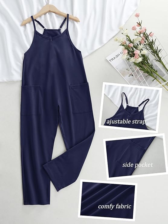 Girl's Casual Sleeveless Jumpsuits Spaghetti Straps Harem Long Overalls With Pockets - Image 4