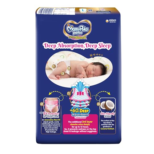 Image of MamyPoko Pants Extra Absorb Baby Diapers, Large (L Size) | 9-14 kg | 48 Count |Deep Sleep Diapers| Soft Gentle fit |Deep Absorbent Crisscross | Skin Friendly with Coconut Oil |