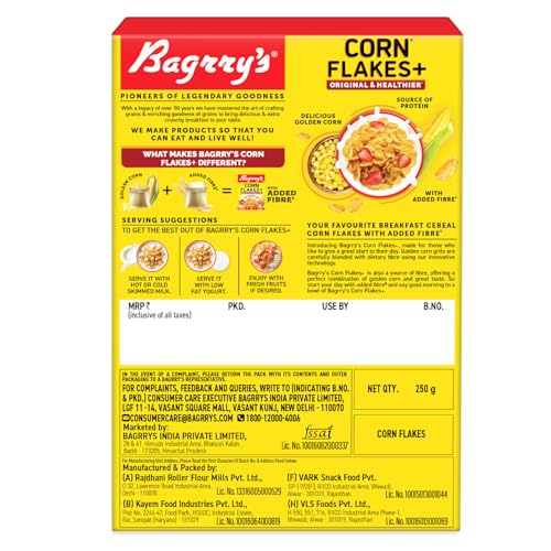 Image of Bagrry's Corn Flakes Plus 250gm Box |Original and Healthier| Low Fat & Cholesterol| High Fibre| All Natural CornFlakes| Breakfast Cereal