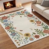 Artoid Mode Beige Sunflower Floral Spring Area Rug, Summer Home Decor Low-Profile Non-Slip Washable Large Rug for Living Room Bedroom Farmhouse Dining Room Kids Playroom 5x7 Feet