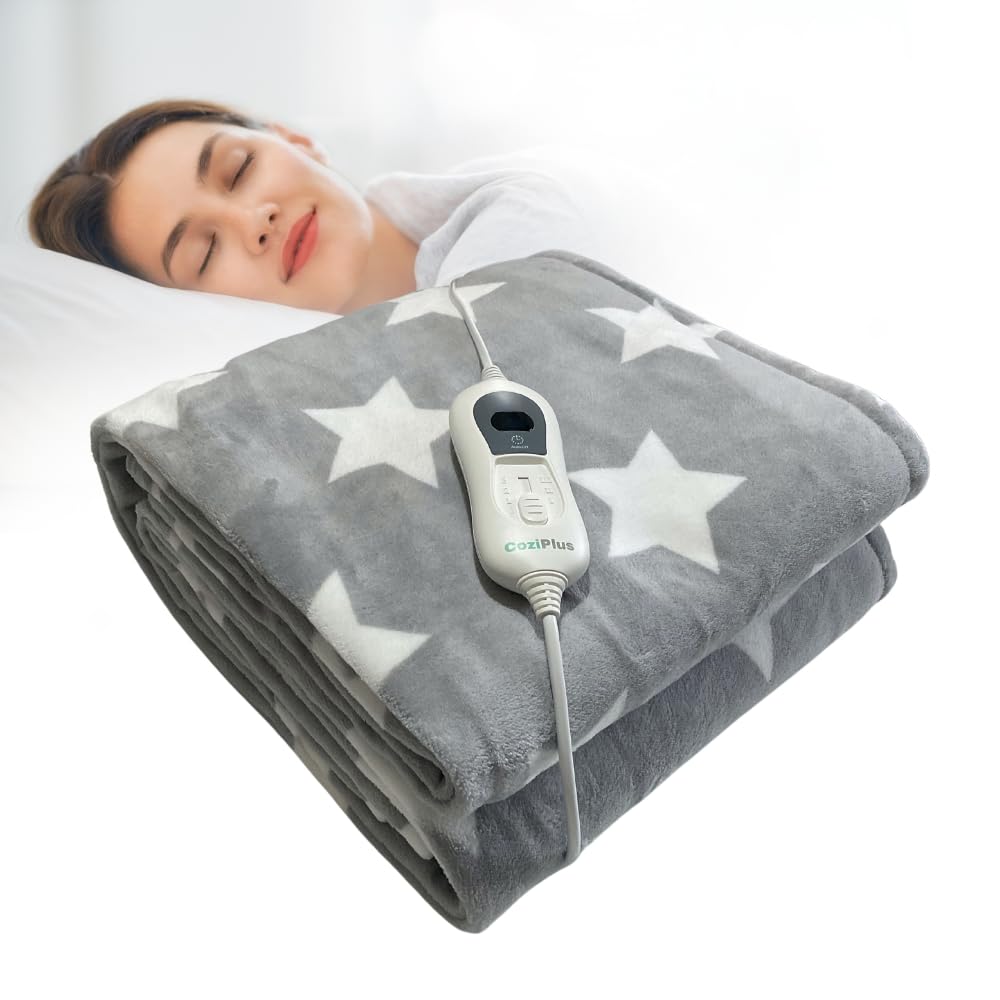 Christmas Electric Heated Throw Over Blanket 180x130cm, Grey Stars, Fast Heat Up