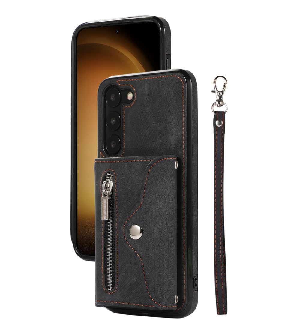 Funda Solt para Tarjetas de Cuero con Cartera con Cremallera y Cordón Largo para Samsung Galaxy A14 A54 A24 A34 A53 A52 S23 S22 S21 FE S20 Funda Cruzada, Negra, para Samsung S22Ultra