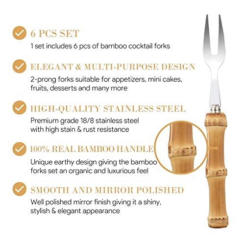 Homenook Premium Bamboo Cocktail Forks & Appetizer Forks - Charcuterie Accessories - Set Of 6 Stainless Steel Forks Handcrafted Bamboo Utensils - Cocktail Picks #TOP2