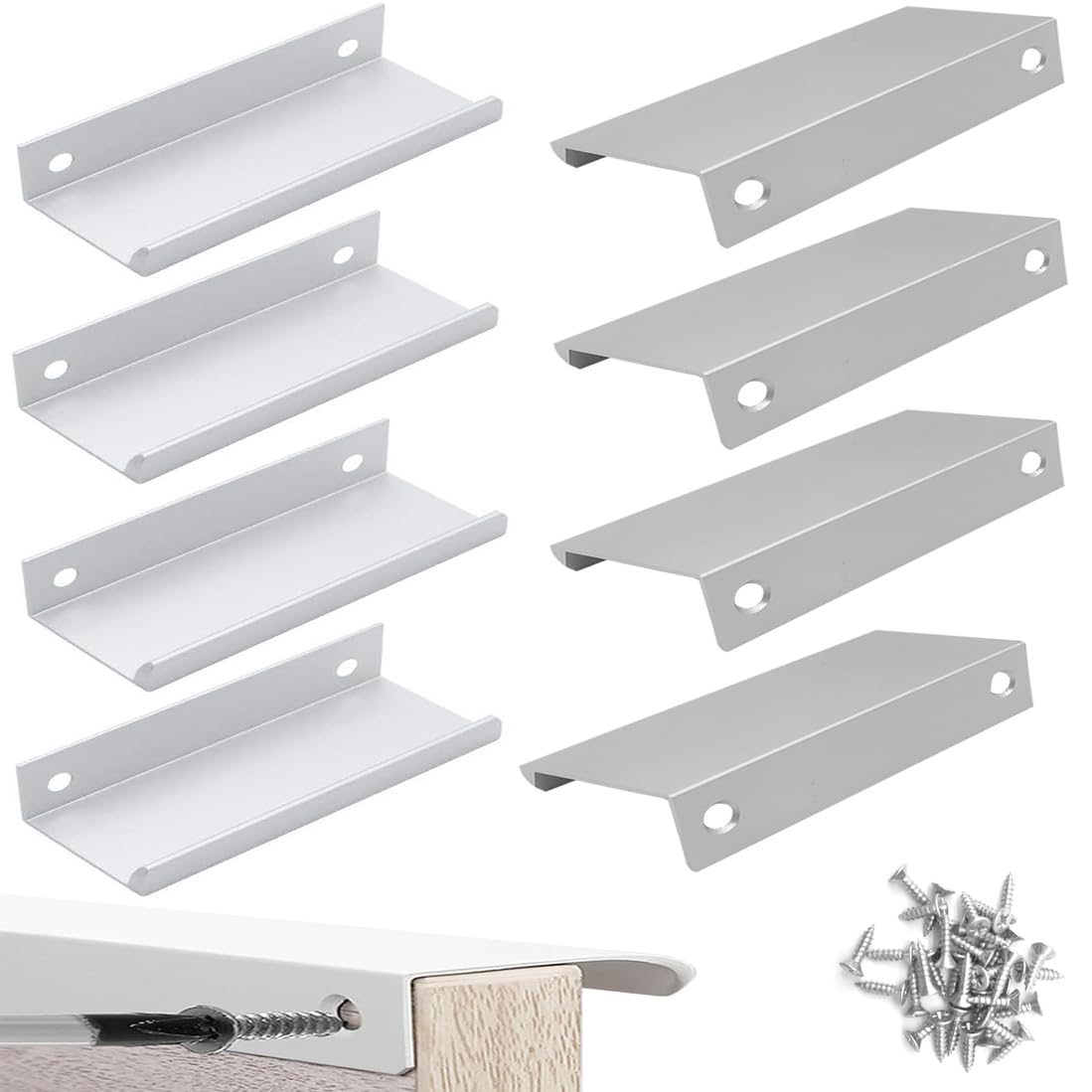 8 Pack Concealed Cupboard Handles, Aluminum Alloy Drawer Pull Handles with Screws, Finger Edge Pull, Hidden Kitchen Cabinet Handles for Wardrobe Drawer Pull Cabinet Door, Sliver