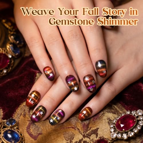 Image of Beetles Fall Cat Eye Gel Polish Set, Vintage Jewel 6 Colors Gel Polish Kit | Glitter Gel Purple Red Brown Orange Gold Green Magnetic Glass Cat Eye Luminous Gemstone Effect Soak Off UV Manicure for Women