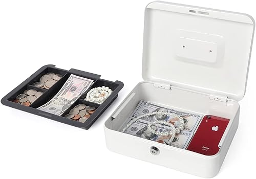 Miniatura 3 de Lovndi Caja de dinero con bandeja de dinero y cerradura, caja de dinero de metal para efectivo, caja de seguridad 9.84 x 7.87 x 3.54 pulgadas, color