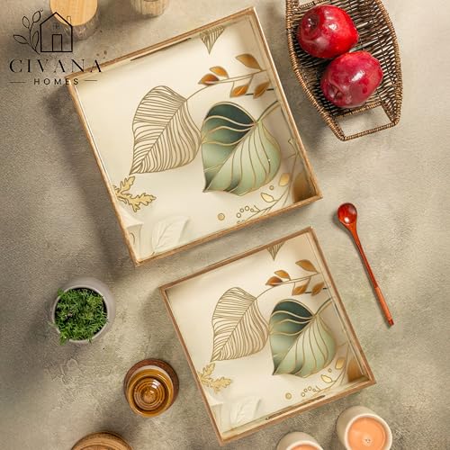 Image of CivanaHomes Wooden Serving Tray with Gold Engraving | Set of 2 | Size : 12 x 12 inch & 10 x 10 inch | Enamel Coated Waterproof | Square Trays | Decorative Trays (White Leaf)