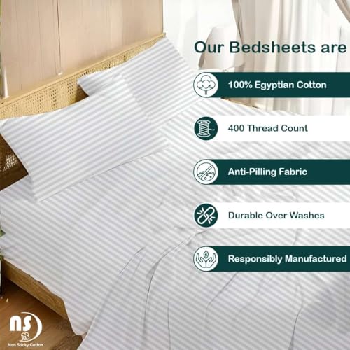 Image of NON Sticky cotton Premium 4 Piece Egyptian Cotton Fitted Queen Sheet Set, Hotel Quality Soft Breathable Bedding Sheets, 15 inch Deep Pocket, 60 inch X 80 inch, White Stripe