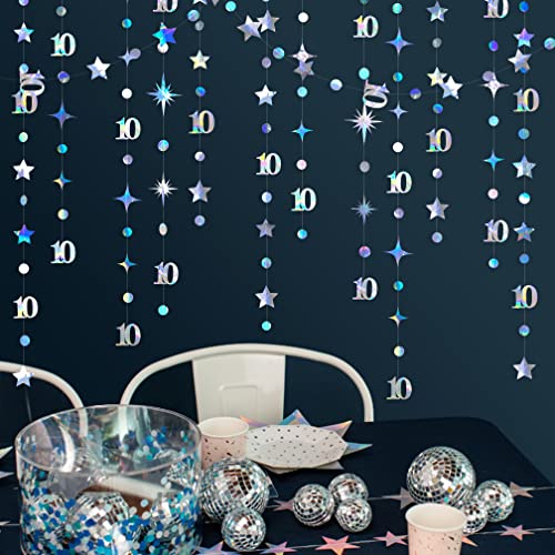 Image of Iridescent 10th Birthday Decorations Number 10 Circle Dot Twinkle Star Garland Metallic Hanging Streamer Bunting Banner Backdrop for Girls Boys Ten Year Old Birthday 10th Anniversary Party Supplies