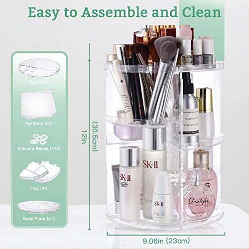 Seinlife 360 Rotating Makeup Organizer,Diy Adjustable Spinning Holder,Foldable Cosmetic Storage Display Box,Large Capacity Make Up Caddy Shelf,Fits Countertop Vanity And Bathroom (Clear) #TOP1