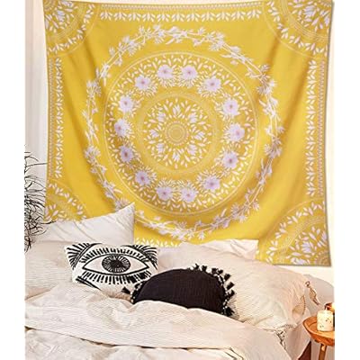 Lifeel Yellow Bohemian Tapestry Wall Hanging, Mandala Floral Medallion Hippie Tapestry with White Aesthetic Wreath… 51