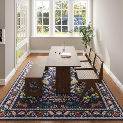 Living Room Rug 6x9 Rug Machine Washable Area Rug Floral Non-Slip Low Pile Large Rug for Living Room, Bedroom, Farmhouse, Dining Room, Kids Playroom(Blue)
