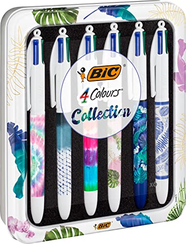 BIC 4 Colores Decors Collection Series: Bolígrafos de Punta Media con Diseños Botánica y Tie Dye