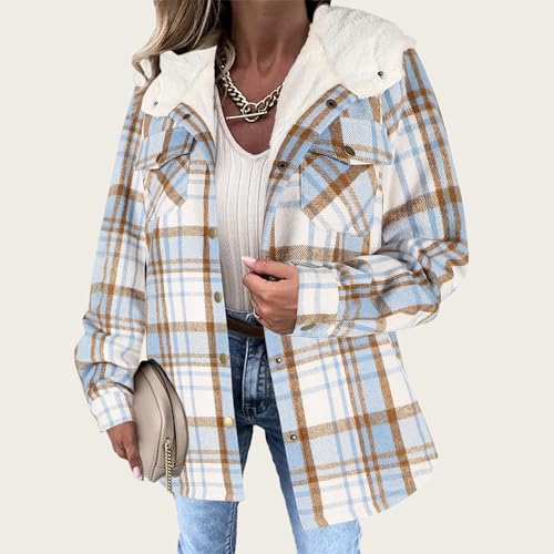 Womens Plaid Jacket Long Sleeve Button Down Fleece Hooded Jackets Casual Color Block Warm Coat Fall Winter Coats3