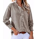 Blusa Informal de Manga Larga con Volantes y Cuello en V para Mujer, con Estampado de Cuadros Vichy, con Bloques de Color (Brown,L)