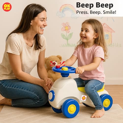 Image of OK PLAY Ride-On Car for Kids | Push Ride-On with Functional Steering & Horn| Suitable for 12+ Months | Indoor & Outdoor Toy (Multicolor)