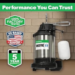 WAYNE CDU980E 3/4 HP Submersible Sump Pump – Cast Iron & Stainless Steel, Vertical Float Switch, 5,490 GPH, 5-Year Warranty