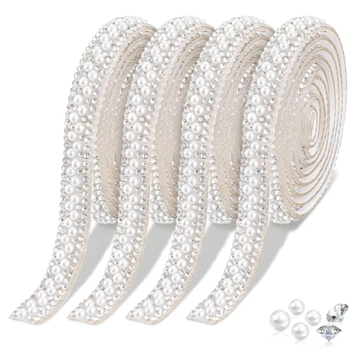 DOPENPSI 4Roll Pearl Ribbon 4 Yards Self Adhesive Pearl Rhinestone Ribbon Pearls Trim Crystal Pearls Strips Bling Stickers PearlsTape for DIY Crafts Wedding Birthday Party Decor