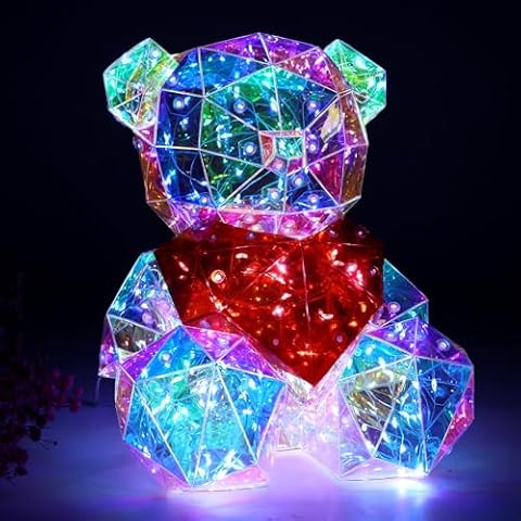Prismatic Iridescent Love Bear, Desktop Teddy Bear with LED Lights, Colorful Glow Lights Prismatic Christmas Indoor Decorations Bear Night Light for Girls Women (Love Bear) Cover