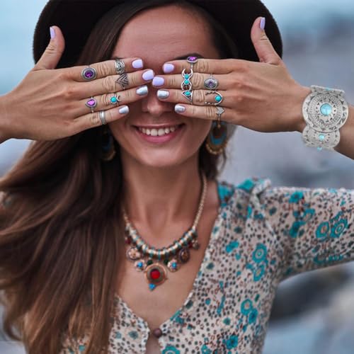 Boho Cuff Bracelets for Women Silver Wide Bracelet Chunky Turquoise Bracelets Western Cowgirl Bangle for Holiday3