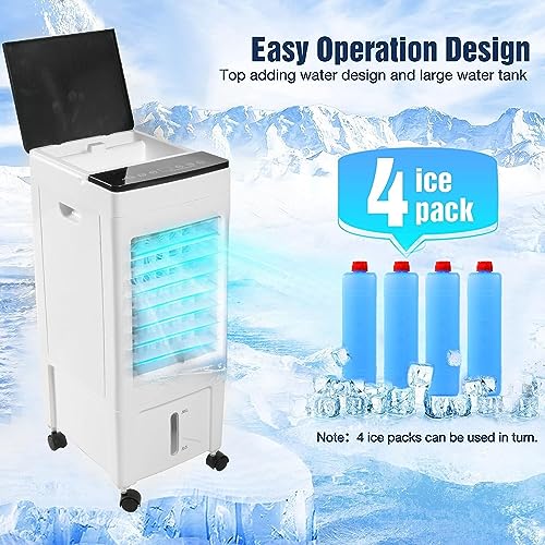 مكيف هواء محمول، مبرد هواء تبخيري بثلاث سرعات للرياح ومؤقت 8 ساعات، خزان مياه سعة 8 لتر، 4 عبوات ثلج، مكيف هواء 3 في 1 للغرف الصغيرة/المكتب/غرفة النوم