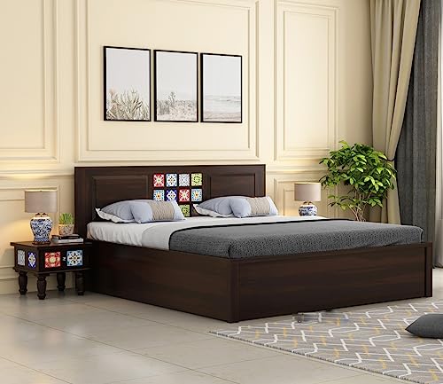 Image of King Size Solid Sheesham Wood Bed with Box Storage, Walnut Finish, Modern Style, 208.3L x 188W x 96.5H cm | bed, solid wood, wooden, furniture