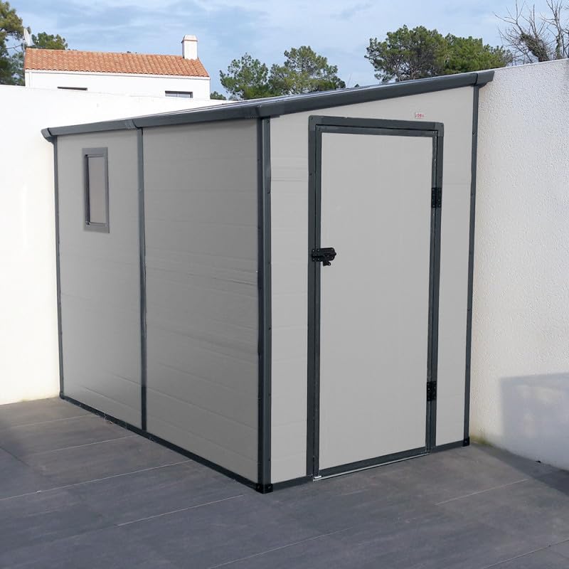 Jôbu Abri de Jardin Adossé en Résine 3,55m² | Gris Clair avec Fenêtre et Aération | Kit de Fondation Inclus | Structure Acier Galvanisé