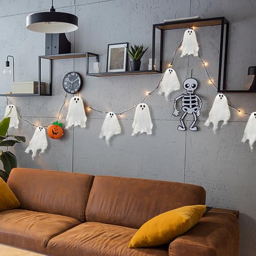Halloween Deko Fenster Hängende Geister - 10 Stück Weißer Niedliche Fliegende Geist, 3M Mini Horror Türvorhang, Halloween Deko Innen Outdoor Gespenster für Kinder Party Garten Wand Terrasse Hof