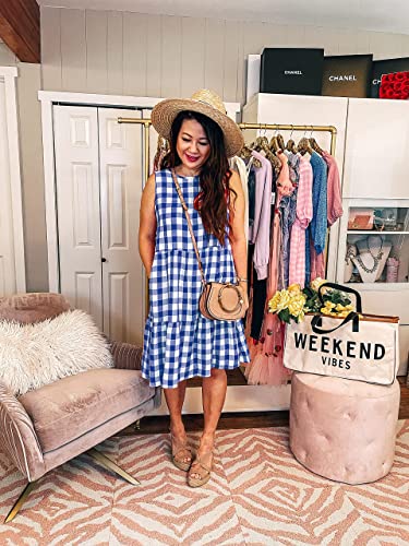 Prettygarden Women's Casual Plaid Sleeveless Ruffle Sundress Round Neck A-Line Pleated Mini Short T Shirt Dress With Pockets (Dark Blue,Medium) #TOP2