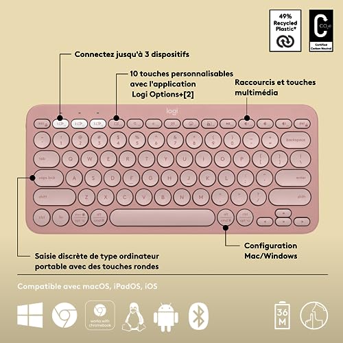 Logitech Pebble Keys 2 K380S - Azerty French Layout, Rose - 6