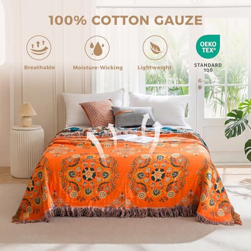 Image of LUTBM Boho Throw Blanket for Bed 60 inchx80 inch, 100% Cotton Orange Couch Blankets