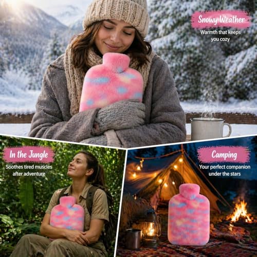 Image of Hot Water Bag with Soft Plush Cover 2000ml, Medical Grade Silicone Hot Water Bottle for Period Cramps, Hot & Cold Therapy, Back Pain, Muscle Aches, Body Relaxation Heating Pad (Rainbow Swirl)