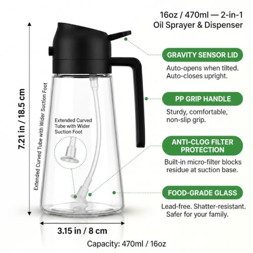 Image of Glass Oil Dispenser Bottle for Kitchen - 2 in 1 Pour & Spray Sprayer with Measuring Marking, Leakproof Container, 500ml /0.5 Liter Cooking Oil Storage Jar, Pack of 1