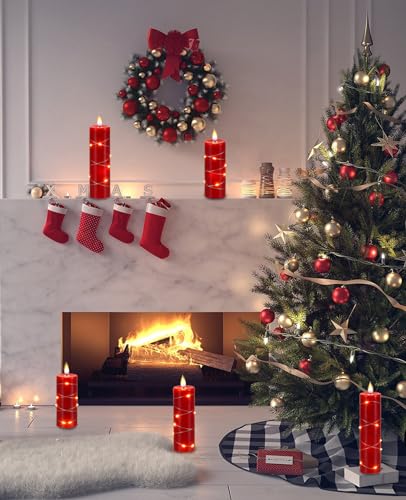 Image of Red Flameless Candle Fairy String Lights, Premium LED Flickering Flame Simulation, LED Candle with Remote & Timed, 5 Cell Battery Powered, Christmas Candle
