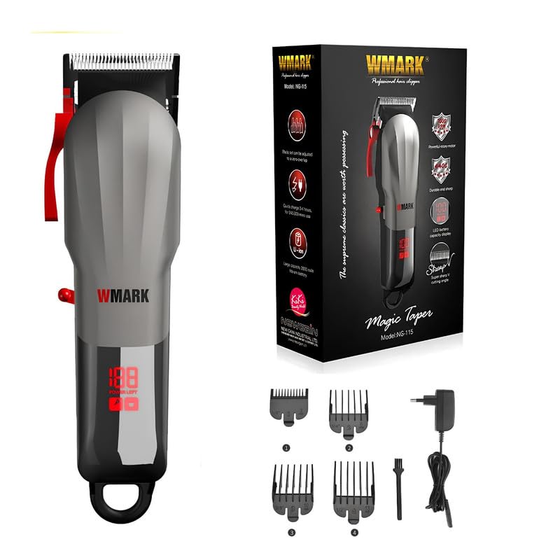 WMARK Professional Zero Gapped Hair Clipper Self Sharpening Blade 7000 RPM Magnetic Motor charging adaptor 4 Guide Comb Taper Lever Adjustments for close cut trimming for men Runtime 300 min, Model 8-image-9