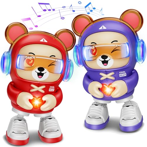 Anoozo 2 Pcs Dancing Bear Toys, Baby Dancing Moving Crawling Musical Toys Age 3-12 Months, with Light, Musical and Dancing, Birthday Gift for Age 1 2...
