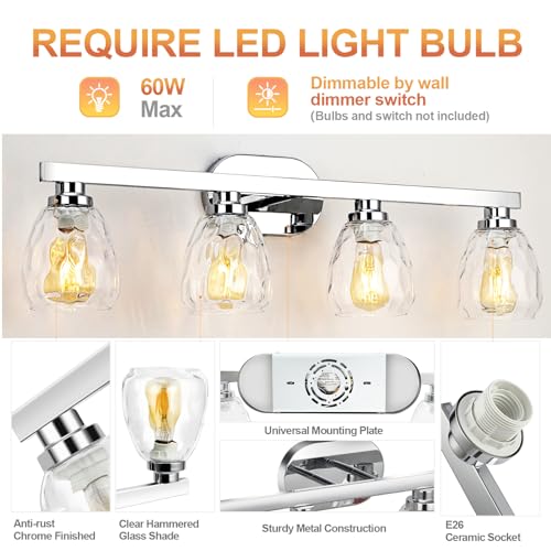 Garveetech GM2HI2WOPY8QL3T1COOD4QGB4T 3 Light Bathroom Light Fixtures Chrome With Hammered Glass Shade, Vanity Lighting Fixtures Over Mirror Wall Mount E26 Socket thumb #2