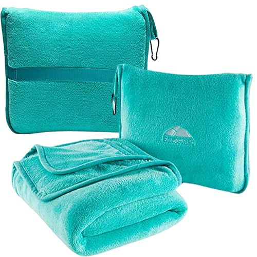Image of BlueHills Premium Soft Travel Blanket Pillow Airplane Blanket Packed in Soft Bag Pillowcase with Hand Luggage Belt and Backpack Clip, Compact Pack Large Warm for Any Travel (Teal Green T006)