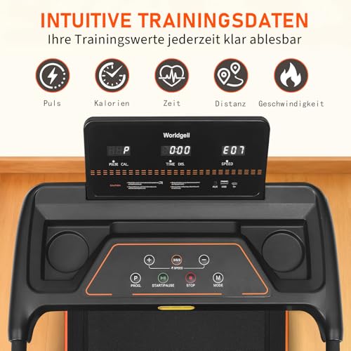 Běžecký pás Worldgeil pro domácnost 14 km/h – Stůl na běžeckém pásu skládací se sklonem – Běžecký pás pro domácnost s LED displejem a tlačítky na zábradlí pro měření srdečního tepu – Chodicí podložka pro kancelář