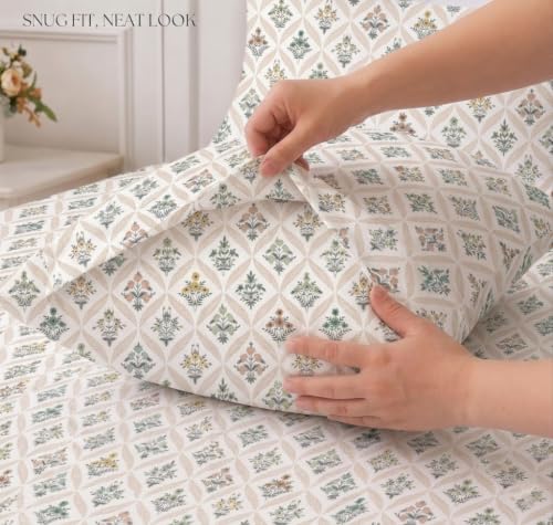 Image of IVAZA 240 TC Soft Ezyption Cotton Floral Print King Size Bedsheet - with 2 Pillow Covers, Hypoallergenic, Brethable, (Size- 90 x 90 Inch) Sage Green