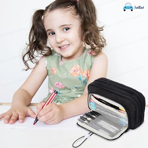 Image of FunBlast Pencil Pouch for Girls - Multiple Compartment Zipper Pouch with Drawstring Pocket, Aesthetic Pouch for Girl, Kawaii Pencil Case, Cute Pouches for Girls, Return Gift for Kids (Black-White)