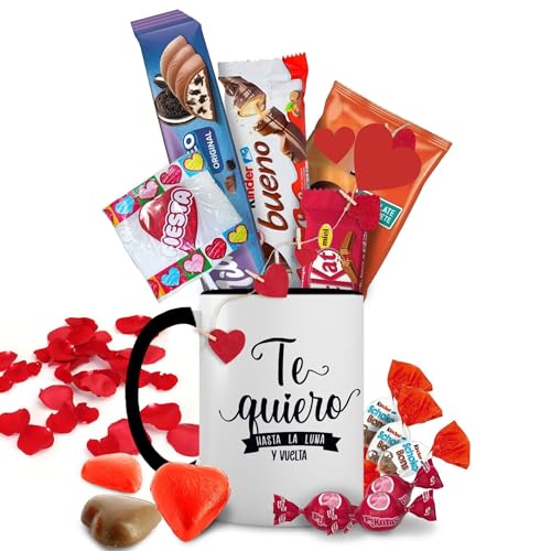 Taza Regalo con de +14 Chocolates - Regalo Original con Chocolatinas Kinder,Milka,Kit-Kat y Chucherías - 'Te Quiero hasta la Luna' - Regalo Romántico