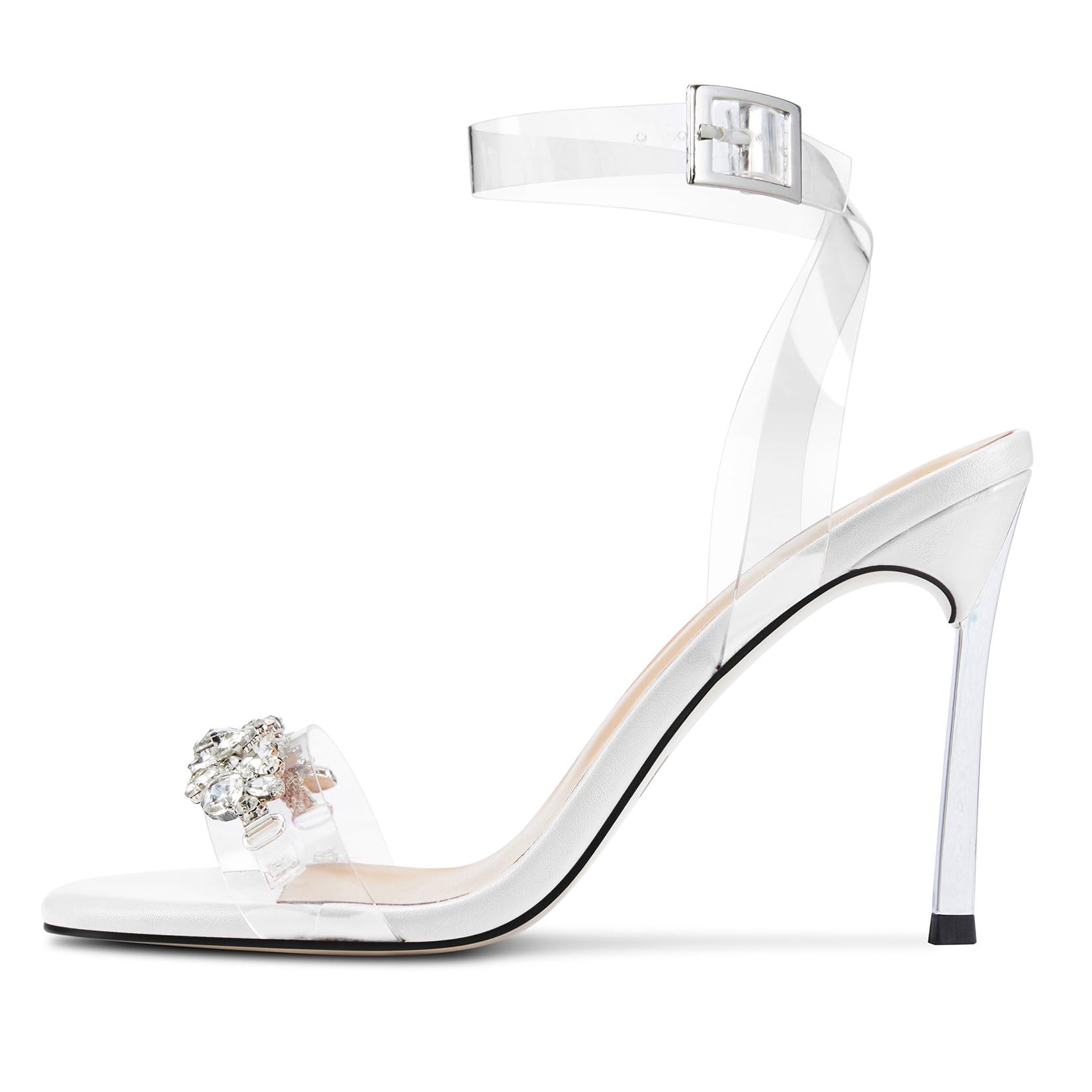 HDEUOLM Mujer Aguja Alto High Heel Abierta Punta Sandalias Correa Tobillo Diamante Cristal Fiesta Clear Verano 10 CM Heels