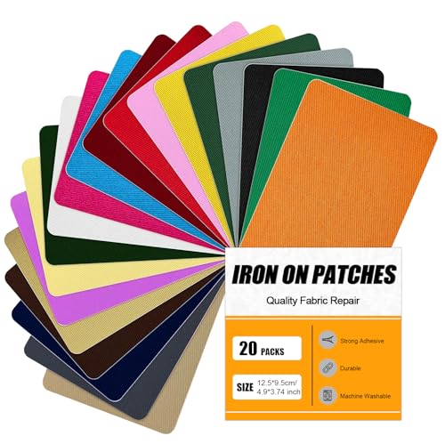 MOONSJONES Iron on Patches for Clothes Fabric Repair, 20 PCS Multi-Colored Reparing Decorating Kit for Ripped Inside & Outside Pants, Jeans, Jacket, Tents, Hat, Canvas(9.5 cm x 12.5 cm)