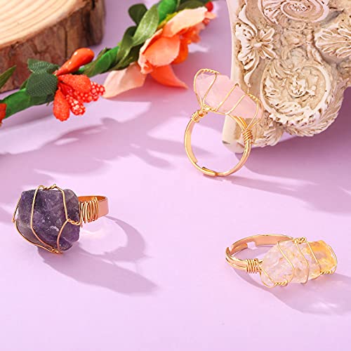 Hicarer 3 Pieces Chakra Crystal Ring Wire Wrapped Irregular Crystal Ring Raw Healing Crystal Ring Adjustable Gemstone Stone Ring Jewelry With Exquisite Flannel Bag For Women thumb #1