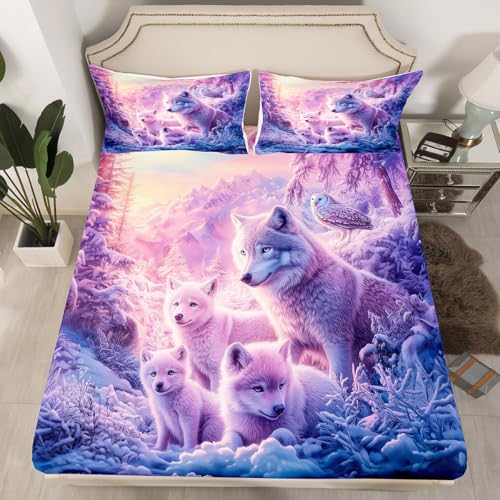 Snow Wolf Fitted Sheet Full Size,Safari Animals Sheet Set(No Top Sheet),Natural Snow Trees Bedding Set(1 Fitted Sheet+2 Pillow Cases),Woodland Cool Wildlife Bed Cover Boys Girls Bedroom Decor